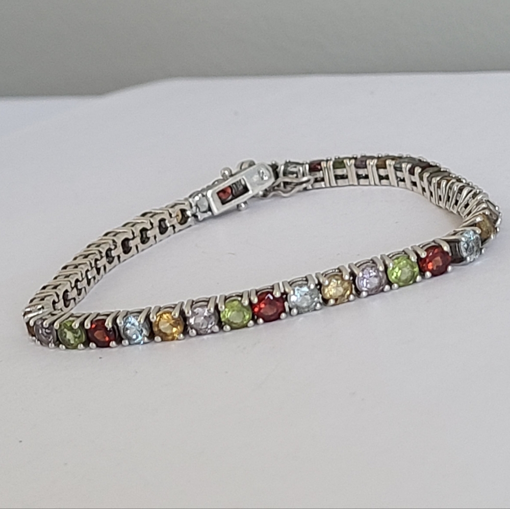 Vintage Boho Sterling Silver Multi Coloured Crystal Rhinestone Tennis Bracelet